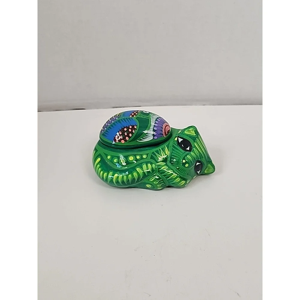 Small Handpainted Colorful Artisan Cat Shaped Trinket Box 4.5